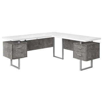 Modern L-Shaped Desk, Large Floating Top With Spacious Drawers, White/Concrete