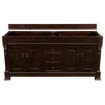 James Martin Vanities - Brookfield 72" Burnished Mahogany Double Vanity - The Brookfield 72", double sink, Burnished Mahogany vanity by James Martin Vanities features hand carved accenting filigrees and raised panel doors. Four doors, two on either side, open to shelves for storage below and three center drawers. The look is completed with Antique Brass finish door and drawer pulls. Matching decorative wood backsplash is included.