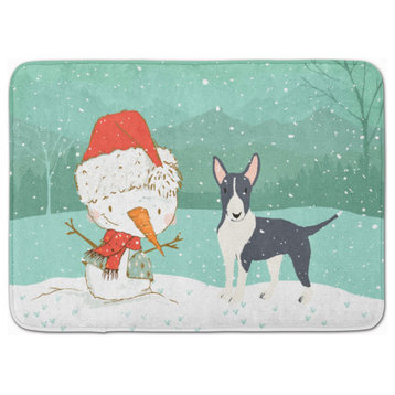 Black Bull Terrier Snowman Christmas Machine Washable Memory Foam Mat