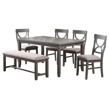 6 Piece Dining Set With Cut Out Back Chairs And Padded Bench, White And Gray
