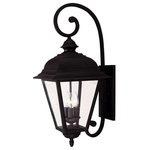 Savoy House - Westover 3-Light Outdoor Wall Lantern, Textured Black Clear Beveled Glass - Traditional Exterior, Versatile  Voltage: 120  Number of bulbs: 3  Type of bulbs: C  Max Wattage Per Bulb: 40  Safety Rating: UL, CUL  Traditional exterior, versatile in Textured Black finish with Clear Beveled glass.  Backplate Width: 6  Backplate Height: 11  Candle Cover Type: Black Metal   UL Wet Location  Bulbs Not Included  Are bulbs included? No  Type/Wattage of bulbs: 40W Candelabra  Hardwire or Plue? Hardwire  Number of bulbs used? 3  UL Listing: N/A