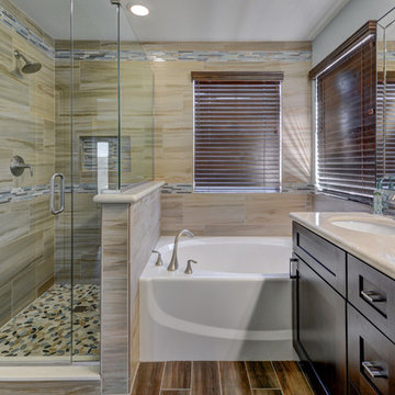 Contemporary Bathroom Tying Together Woods and Neutrals