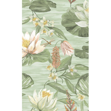 Painted Waterlily Floral Wallpaper , Green, Double Roll
