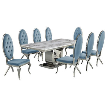 Silver Stainless Steel 9 Piece Dining Set with Marble Table and Teal Chairs