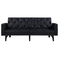 Modern Futon Sofa in Tufted Bonded Leather Upholstery With Nailhead Trim, Black