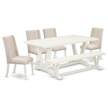 East West Furniture V-Style 6-piece Wood Dining Set with Bench in Linen White