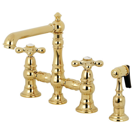 Kingston Brass Bridge Kitchen Faucet With Sprayer, Polished Brass