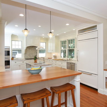 Open Kitchen with Wood Countertop Seating and Custom Built-Ins – North Shore MA