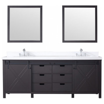 84 Inch Brown Double Sink Bathroom Vanity Barndoors, White Quartz, Mirror