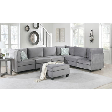 Simona Gray Velvet 7-Piece Modular Reversible Sectional Sofa Corner Couch