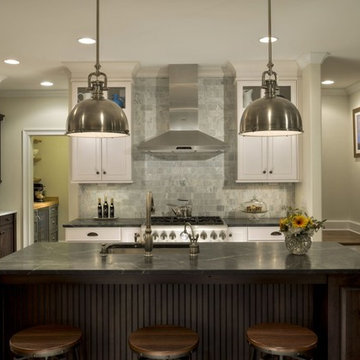 Kitchen with White Cabinets and Soapstone Countertops Dark Island