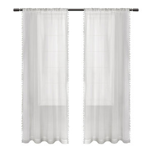 Sheer Bordered Pom Pom Applique Rod Pocket Curtain Panels ...