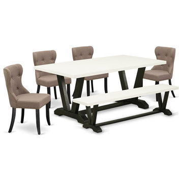East West Furniture V-Style 6-piece Wood Dining Set in Linen White and Black