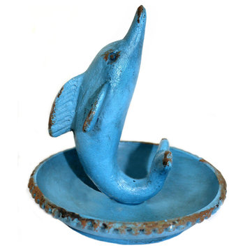Blue Dolphin Jewelry Holder Ring Trinket Dish Painted Metal