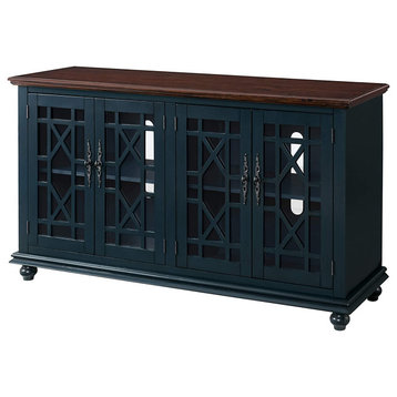 Transitional TV Console, Unique Trellis Patterned Doors, Catalina Blue/Coffee