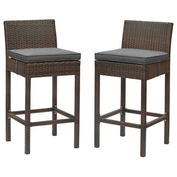 Modern Outdoor Bar Stool Chair, Set of Two, Fabric Rattan, Brown Gray Grey