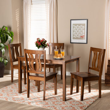5 Pieces Dining Set, Large Table & 4 Chairs With Scooped Wood Seat, Walnut Brown