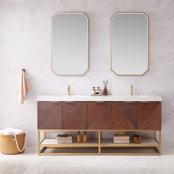 Mahon Bath Vanity, Stone Top, Brushed Gold Base, 72", Double Vanity, With Mirror