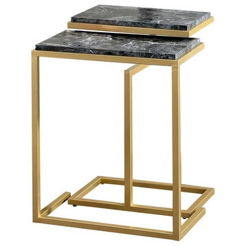 2 Piece End Table, Nesting Design With Golden Frame and Faux Marble Top, Black