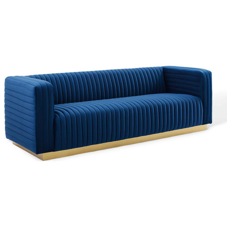 Charisma Channel Tufted Performance Velvet Living Room Sofa, Navy