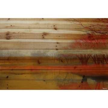 "Lake Morning Mist" Print on Natural Pine Wood, 45"x30"