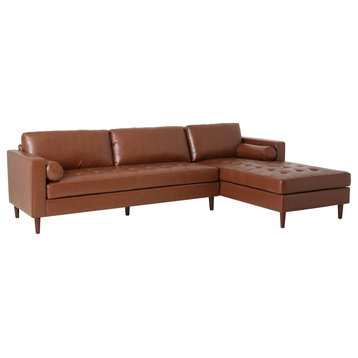 Lockbourne Contemporary Tufted Upholstered Chaise Sectional, Cognac + Espresso