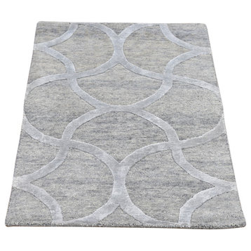 Silver Modern Wool and Silk Hi-Low Hand Knotted Mat Oriental Rug, 2'x2'10"