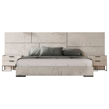 Nova Domus Marbella Italian Modern White Marble Bed With 2 Nightstands, Queen