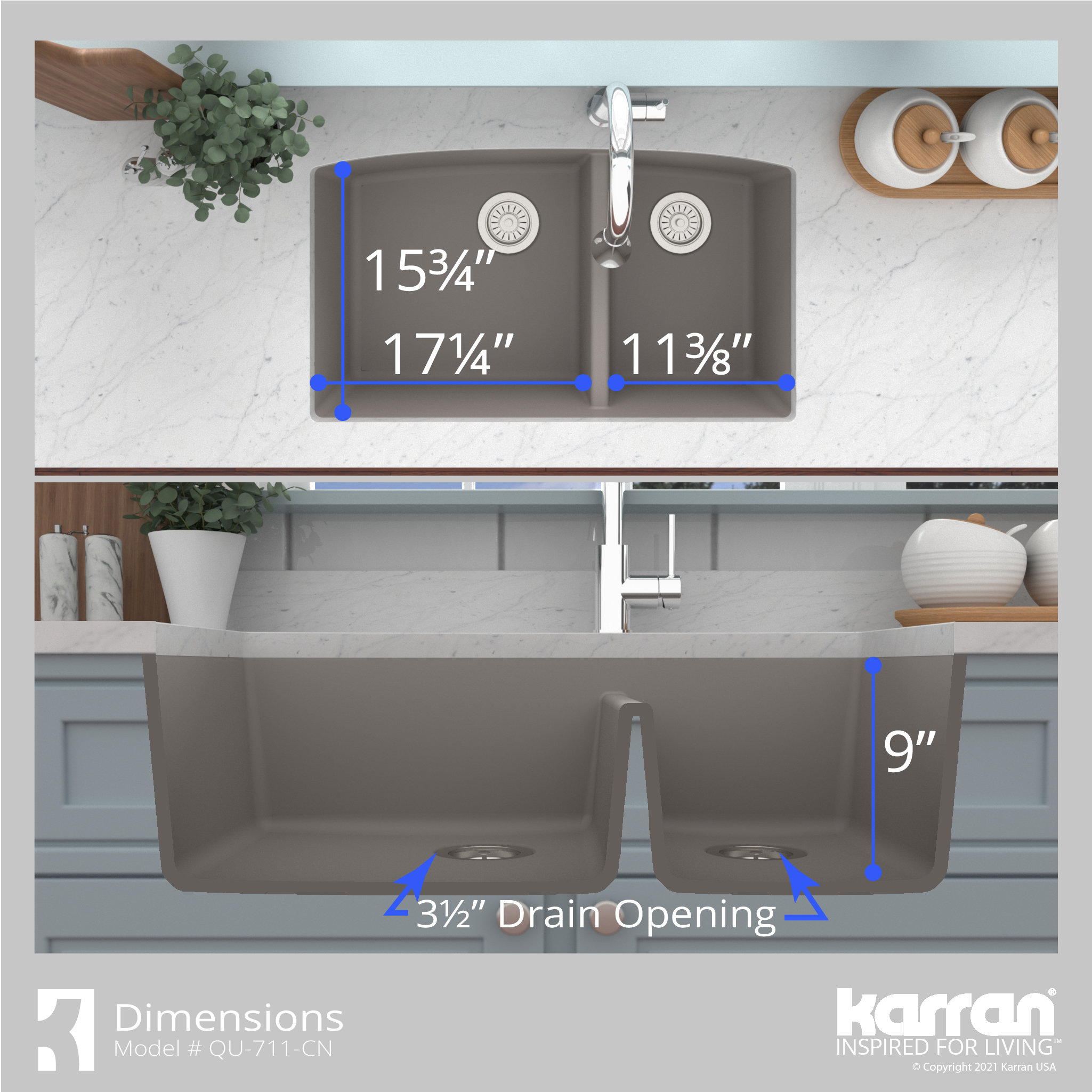Karran Undermount Quartz 32" 60/40 Double Bowl Kitchen Sink Kit, Concrete