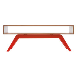 Eastvold Furniture - Elko Coffee Table, Walnut, Red Base - Coffee Tables