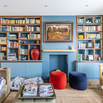 Eclectic Contemporary Living Room with Bespoke Blue Built-Ins | Cheltenham