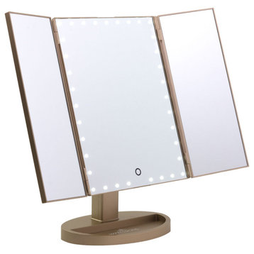 Touch Trifold XL Dimmable LED Makeup Mirror, Champagne Gold