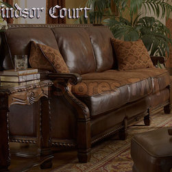 "Michael Amini" Wood Trim Leather/Fabric Sofa - Opt1, Windsor Court Collection - Sofas