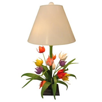 Cottage Floral Tulip Table Lamp, Colorful Flower Botanical Bouquet Garden