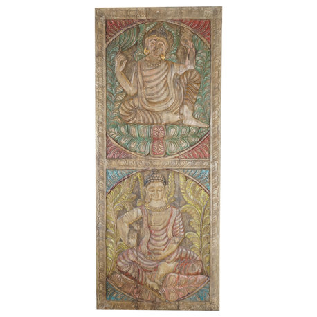 Consigned Vintage Buddha Carved Wall Panel Colorful Studio Decor wood Wall Art