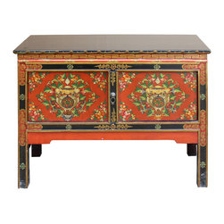 Tibetan Oriental Black Orange Red Floral End Table Nightstand Side Table - Console Tables