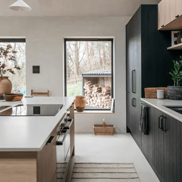 The Black House: Scandi Kitchen with White Quartz Worktops & Island in Surrey