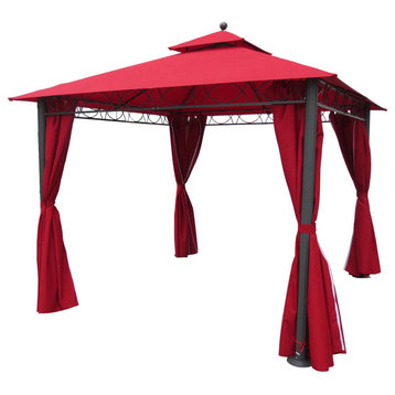 10' Aluminum/Polyester Double-Vented, Drapes Square Gazebo, Dark Gray/Ruby Red