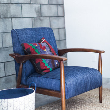Blue Mid Century Modern Chair with Colorful Turkish Kilim Pillow, Basket