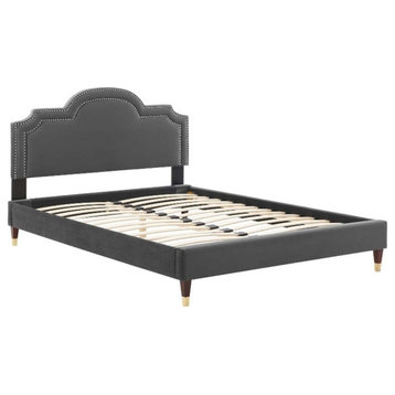 Modway Aviana Modern Style Performance Velvet Queen Bed in Charcoal