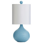 StyleCraft Home Collection - Ceramic Pebbled Table Lamp, Blue Finish, White Hardback Fabric Shade - This ceramic table lamp combines a cool classic profile with delicate dimpled detailing and a blue finish to create a standout look. Made from high quality materials, this lamp is topped with a white hardback shade to complete its overall feel. It's a mid-century inspired favorite that is ideal for sofa tables, consoles, bedroom dressers, and more.