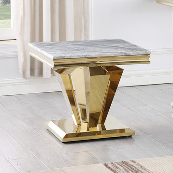 Chihiro Grey Square Stone End Table, Gold