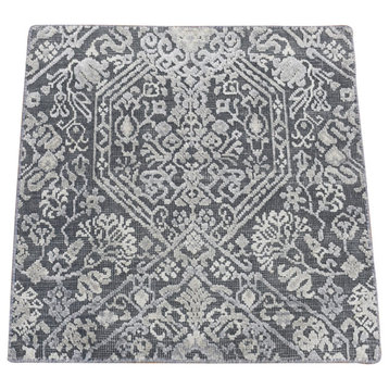 Charcoal Gray Silk Textured Wool Tone on Tone Design Hand Knotted Rug, 2'1"x2'1"