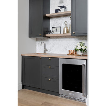 Stunning Painted Gray Cabinets in Dining Room Bar