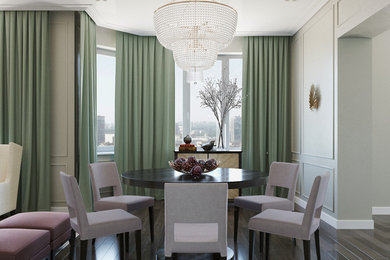 На фото: гостиная-столовая среднего размера в стиле неоклассика (современная классика) с серыми стенами и темным паркетным полом с