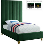 Meridian Furniture - Via Velvet Upholstered Bed, Green, Twin - Take the look of your bedroom to new decorative heights with this ultra-modern Via upholstered twin bed. Rich green velvet upholstery gives this bed a true upscale feel and epitomizes fine living while channel tufting along the headboard keeps the padded material inside plump and it also cradles your body while you sit up in bed to watch TV or read. Metal legs bring this platform bed up off the floor, allowing clearance below for cleaning and adding to its svelte contemporary profile.