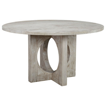 Elaine 54" Round Reclaimed Pine White Wash Dining Table With Pedestal Base