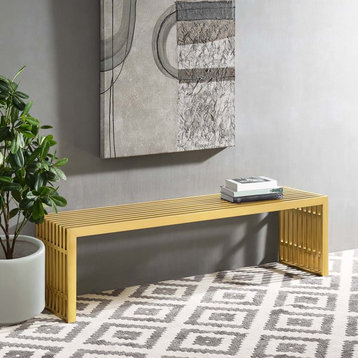 Contemporary Bench, Metal Construction With Rectangular Slatted Seat, Gold