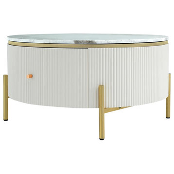 Elegant Coffee Table, Round Design With Faux Marble Top & Fluted Drawers, White