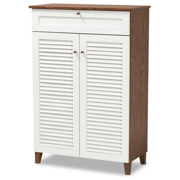 Bowery Hill White and Walnut 5-Shelf Wood Shoe Cabinet with Drawer